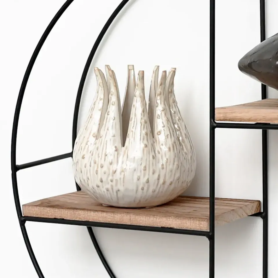 IVOL Zwart metalen wandrek met 2 houten plankjes - Rond - 37x10 cm Discount