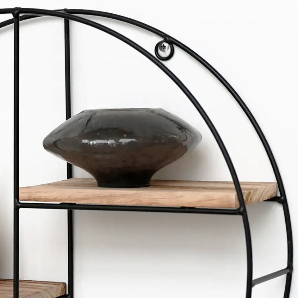 IVOL Zwart metalen wandrek met 2 houten plankjes - Rond - 37x10 cm Discount