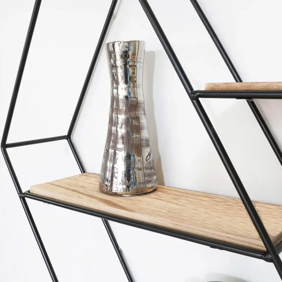 IVOL Zwart metalen wandrek met 3 houten plankjes - Zeshoek diagonaal Sale