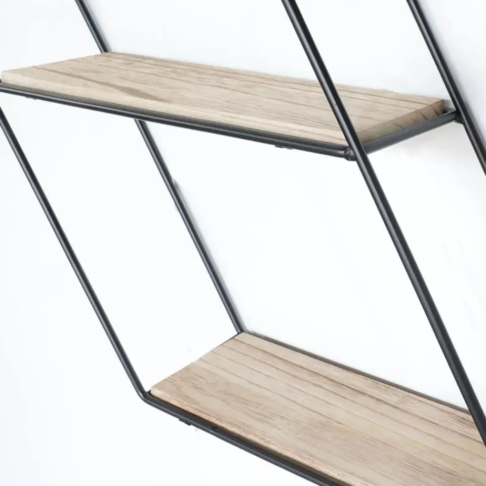 IVOL Zwart metalen wandrek met 3 houten plankjes - Zeshoek diagonaal Sale