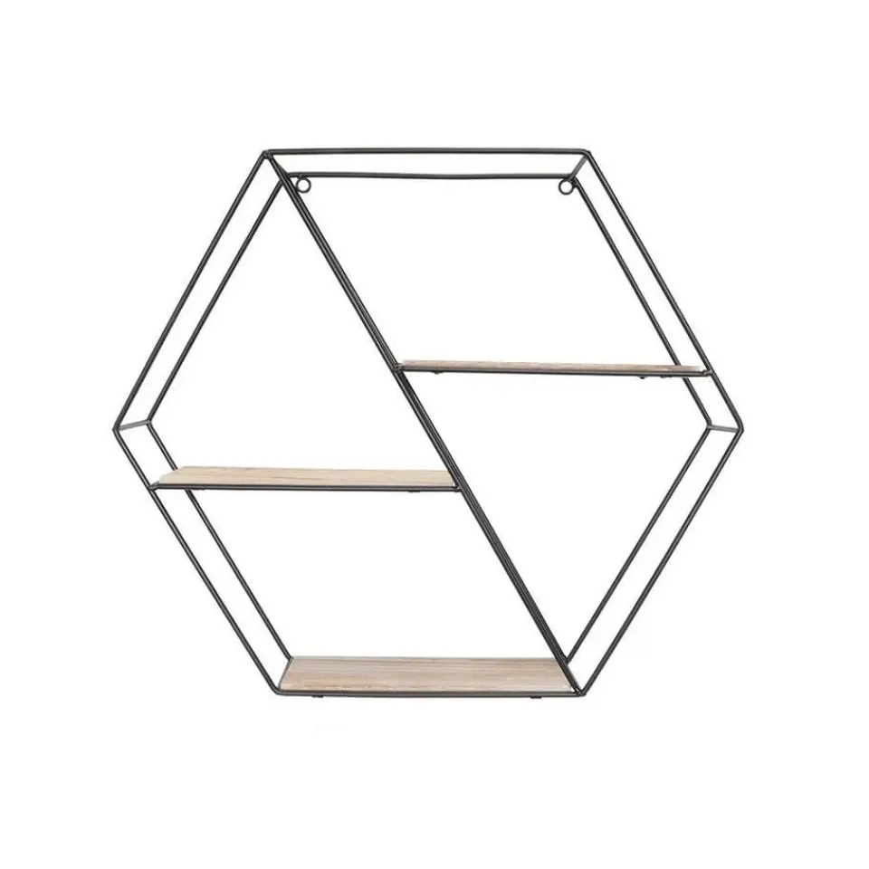 IVOL Zwart metalen wandrek met 3 houten plankjes - Zeshoek diagonaal Sale