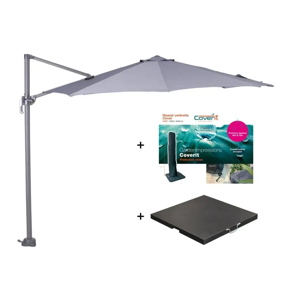 Garden Impressions Zweefparasol Hawaii S - met voet en hoes - Lichtgrijs - 300 cm New